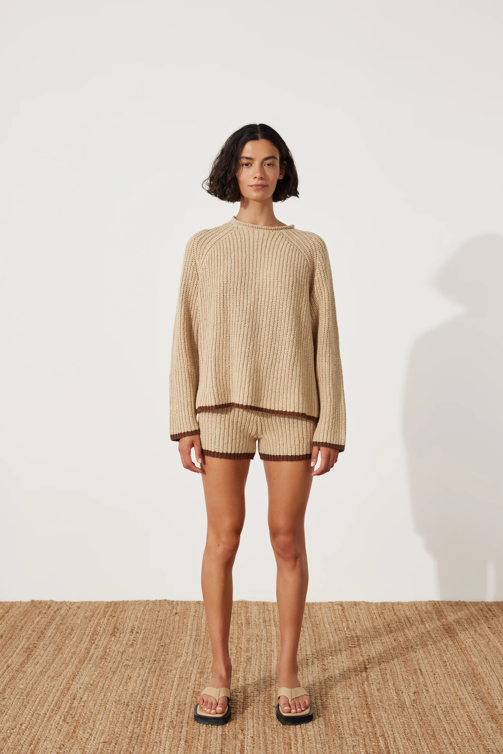 Sand Contrast Rib Knit Shorts - Image 3