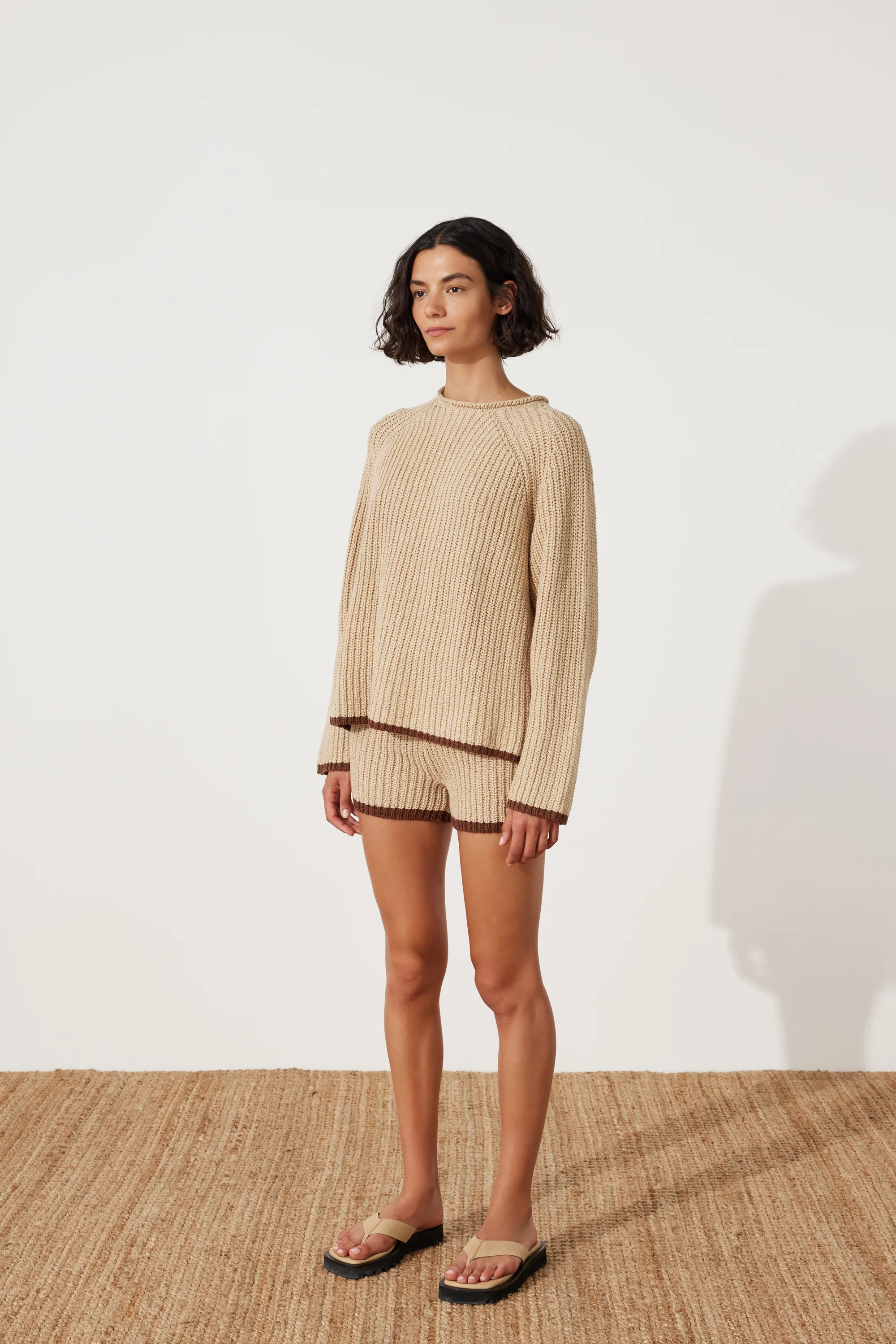 Sand Contrast Rib Knit Shorts - Image 4